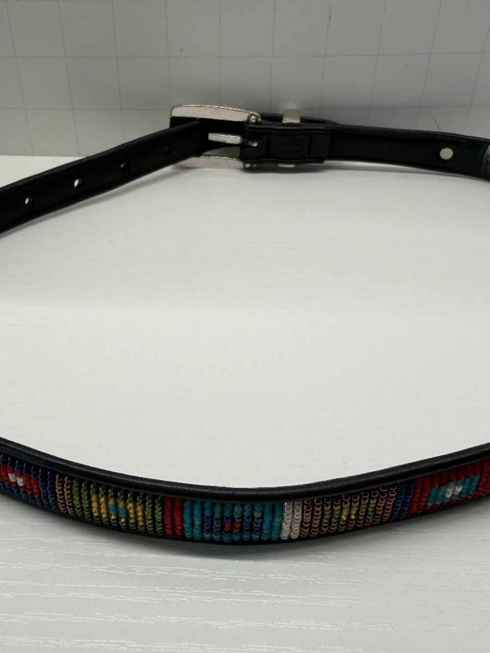 Vintage Brighton Black Leather Multicolor Beaded Skinny Belt Silver Buckle Sz 32